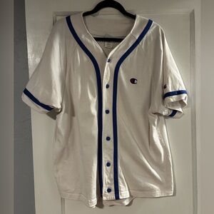 Champion Men’s White Baseball Jersey with Blue Trim (Size: Large)